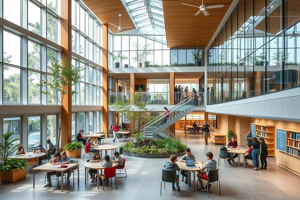 Architecture scolaire innovante intégrant espaces naturels et technologiques, illustrant les nouveaux espaces éducatifs face aux défis sociétaux Architecture scolaire innovante intégrant espaces naturels et technologiques, illustrant les nouveaux espaces éducatifs face aux défis sociétaux