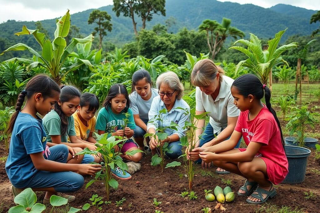 Élèves participant à un projet d'éducation environnementale au Costa Rica, illustrant l'intégration des défis écologiques dans l'éducation Élèves participant à un projet d'éducation environnementale au Costa Rica, illustrant l'intégration des défis écologiques dans l'éducation